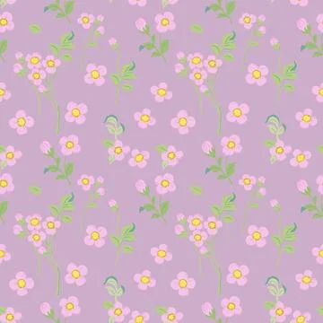 A pattern with delicate purple flowers and green stems on a purple background Stock Illustration