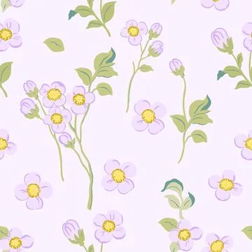 A pattern of delicate purple flowers with yellow inflorescences and green ste Stock Illustration