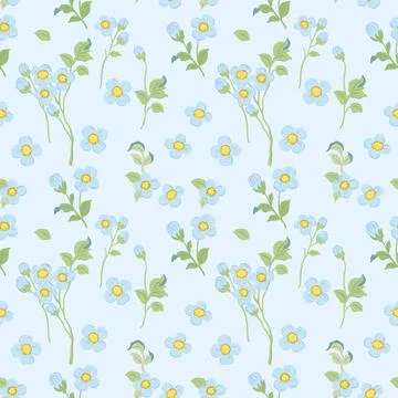 A pattern of delicate purple flowers with yellow inflorescences and green s.. Stock Illustration