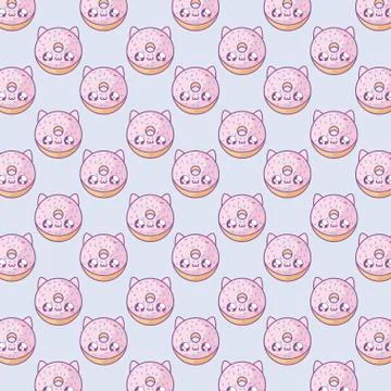 Pattern of delicious donuts with face cat kawaii style Stock Illustration