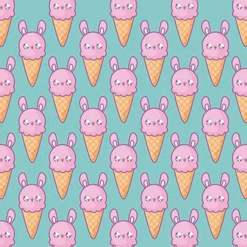 Pattern of delicious ice creams with face rabbit kawaii style Stock Illustration