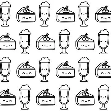 Pattern of delicious sliced cakes with cups drink kawaii style Illustrazione stock