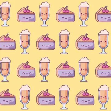 Pattern of delicious sliced cakes with cups drink kawaii style 스톡 일러스트