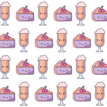 Pattern of delicious sliced cakes with cups drink kawaii style Illustrazione stock