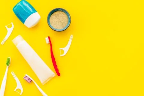 Pattern of dentist equipment. Tools, toothbrushes, dental floss flat lay Stock Photos