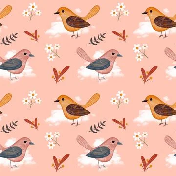 Pattern design. Birds with cloud, floral and leaves elements seamless pattern 스톡 일러스트
