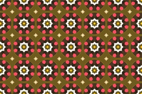 A pattern design of brown background and pink dot and white star and circles Stock Illustration