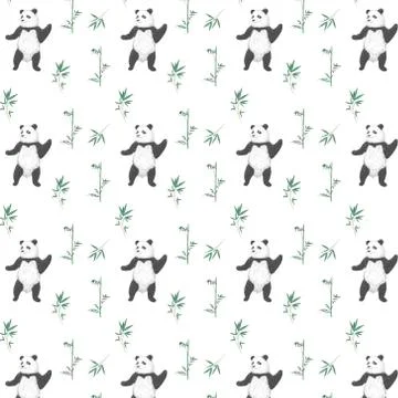Pattern design with cute panda bear and boho flowers and floral bouquets illu Illustrazione stock