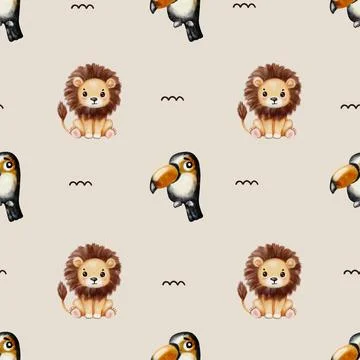 Pattern design featuring toucans and lions on a soft beige background Stock Illustration