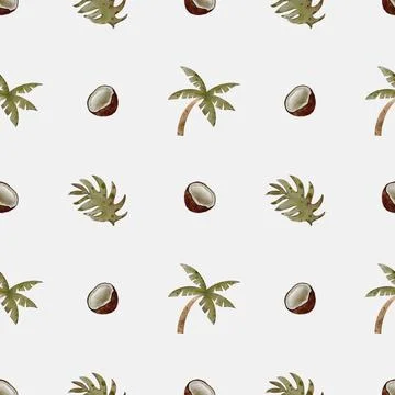 Pattern design featuring toucans, tropical leaves, and coconuts on a light .. Stock Illustration