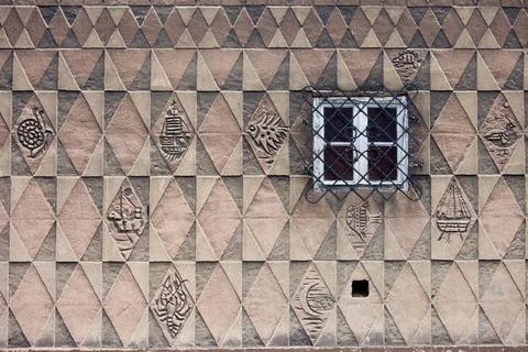 Pattern Design on House Wall Triangular, rectangular and rhombus symmetric... Stock Photos