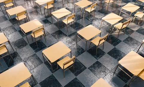 Pattern of desks in an classroom seen from above Stock Photos