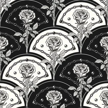 Pattern with diagonal shell shaped grid, roses Stock Illustration