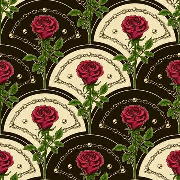 Pattern with diagonal shell shaped grid, roses Stock Illustration