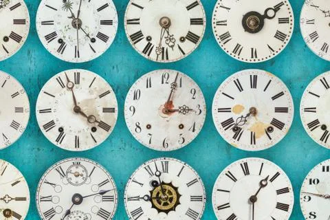 Pattern of different antique weathered clocks Stock Photos