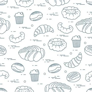 Pattern of different bakery products (bun, cheesecake, cupcake, croissant and Stock Illustration