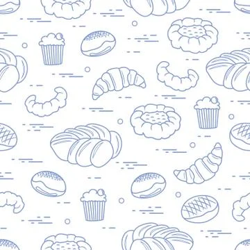 Pattern of different bakery products (bun, cheesecake, cupcake, croissant and Stock Illustration