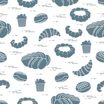 Pattern of different bakery products (bun, cheesecake, cupcake, croissant and Illustrazione stock