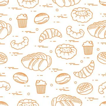 Pattern of different bakery products (bun, cheesecake, cupcake, croissant and Illustrazione stock