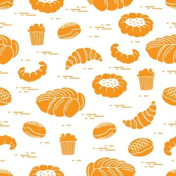 Pattern of different bakery products (bun, cheesecake, cupcake, croissant and Illustrazione stock