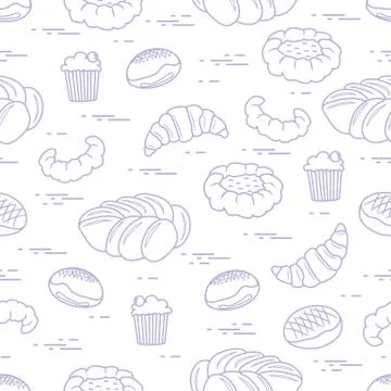 Pattern of different bakery products (bun, cheesecake, cupcake, croissant and Illustrazione stock