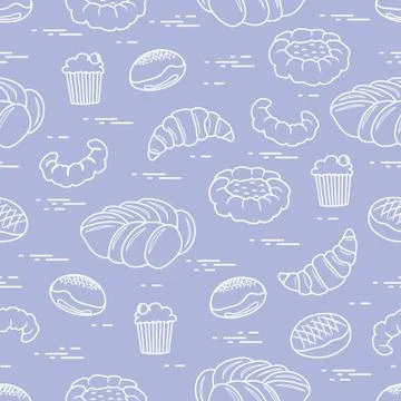 Pattern of different bakery products (bun, cheesecake, cupcake, croissant and Stock Illustration