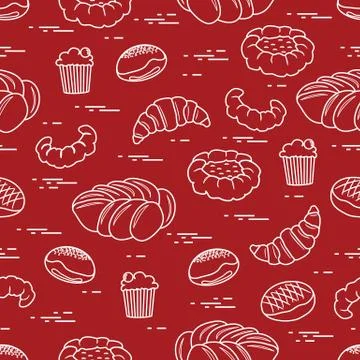 Pattern of different bakery products (bun, cheesecake, cupcake, croissant and Illustrazione stock