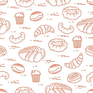 Pattern of different bakery products (bun, cheesecake, cupcake, croissant and Stock Illustration
