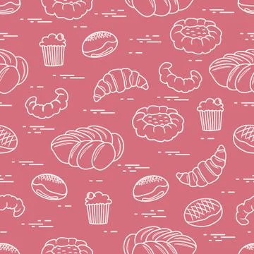 Pattern of different bakery products (bun, cheesecake, cupcake, croissant and Illustrazione stock