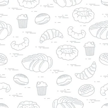 Pattern of different bakery products (bun, cheesecake, cupcake, croissant and Stock Illustration