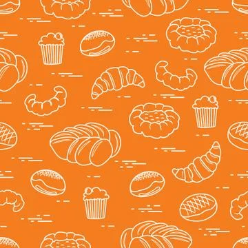Pattern of different bakery products (bun, cheesecake, cupcake, croissant and Illustrazione stock