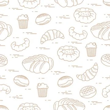 Pattern of different bakery products (bun, cheesecake, cupcake, croissant and Illustrazione stock