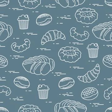 Pattern of different bakery products (bun, cheesecake, cupcake, croissant and Illustrazione stock