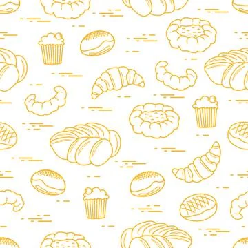 Pattern of different bakery products (bun, cheesecake, cupcake, croissant and Stock Illustration
