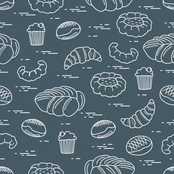 Pattern of different bakery products (bun, cheesecake, cupcake, croissant and Stock Illustration