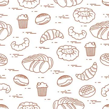 Pattern of different bakery products (bun, cheesecake, cupcake, croissant and Illustrazione stock