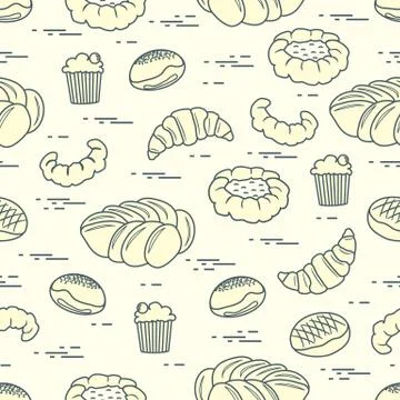 Pattern of different bakery products (bun, cheesecake, cupcake, croissant and Illustrazione stock