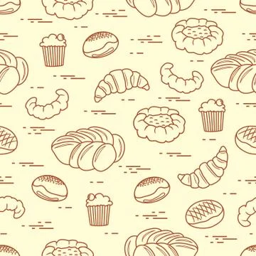 Pattern of different bakery products (bun, cheesecake, cupcake, croissant and Illustrazione stock