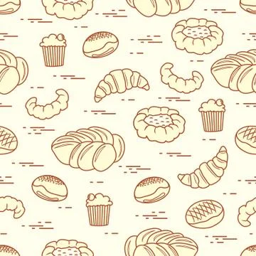 Pattern of different bakery products (bun, cheesecake, cupcake, croissant and Illustrazione stock