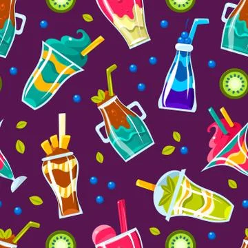 Pattern of different cocktails in glasses and bottles. Vector illustration. 스톡 일러스트