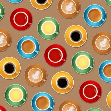 Pattern of different coffee and tea cups on beige Stock Photos