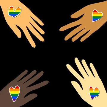 Pattern with different color hands on black background. LGBT icons. Flag LGBT 스톡 일러스트