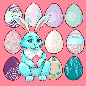 A pattern of different colored Easter eggs and a bunny holding an egg in its Stockillustratie