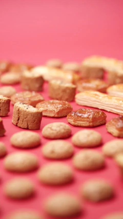A pattern of different cookies laid out on a red background Stock Footage 171738416