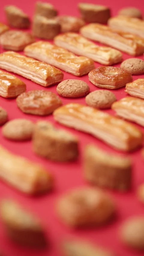 A pattern of different cookies laid out on a red background Stock Footage 171739934