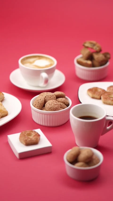 A pattern of different cookies laid out on a red background Stock Footage 171740289