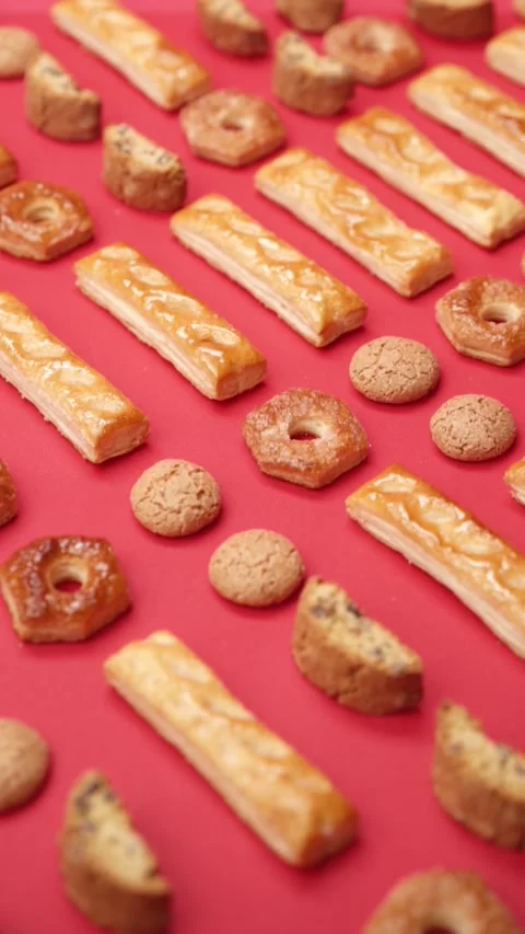 A pattern of different cookies laid out on a red background Stock Footage 171740469