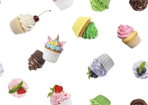 Pattern of different cupcakes with bright cream on white background Stock Photos