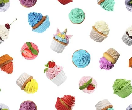 Pattern of different cupcakes with bright cream on white background Stock Photos