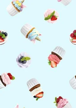 Pattern of different cupcakes with bright cream on light blue background Stock Photos